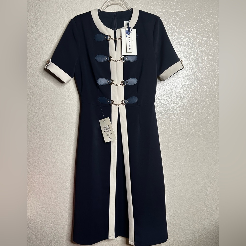 JessaKae Navy Blue Grace Sophisticated Equestrian Inspired Sheath Dress NEW XS - Picture 3 of 9